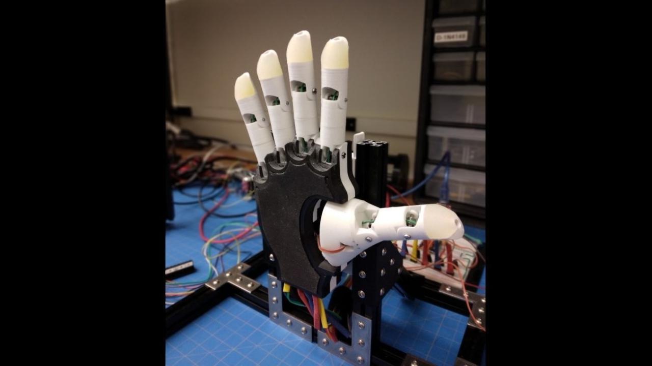 A child-sized prosthetic hand built in Schofield's lab. Unlike most current hook- or grasper-like devices, the lab's device allows for multiple grasping movements. Photo courtesy of Jonathon Schofield.