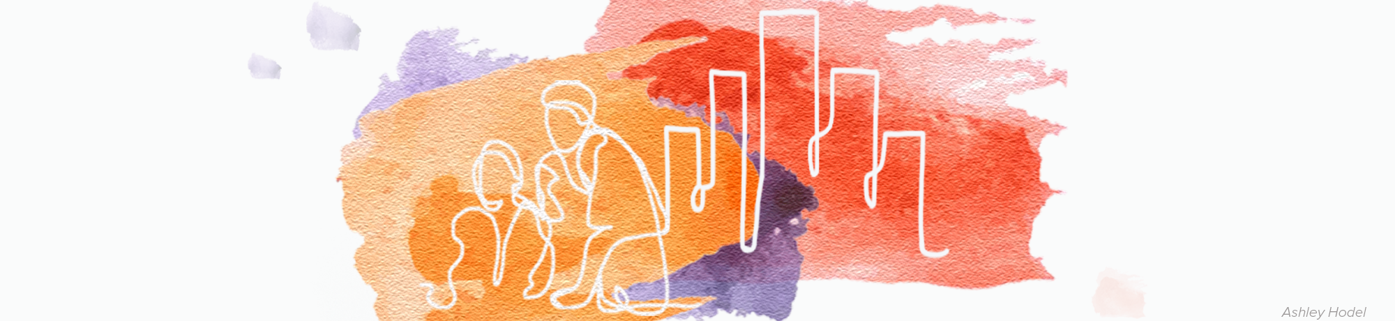 Continuous line drawing of buildings and people over watercolor brush strokes
