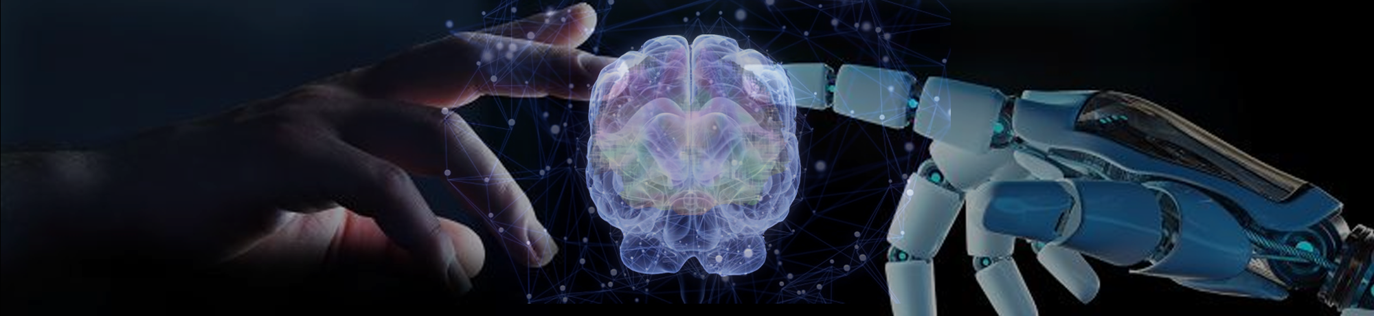 Brain with surrounding human and machine hands, depicting human-machine interfaces