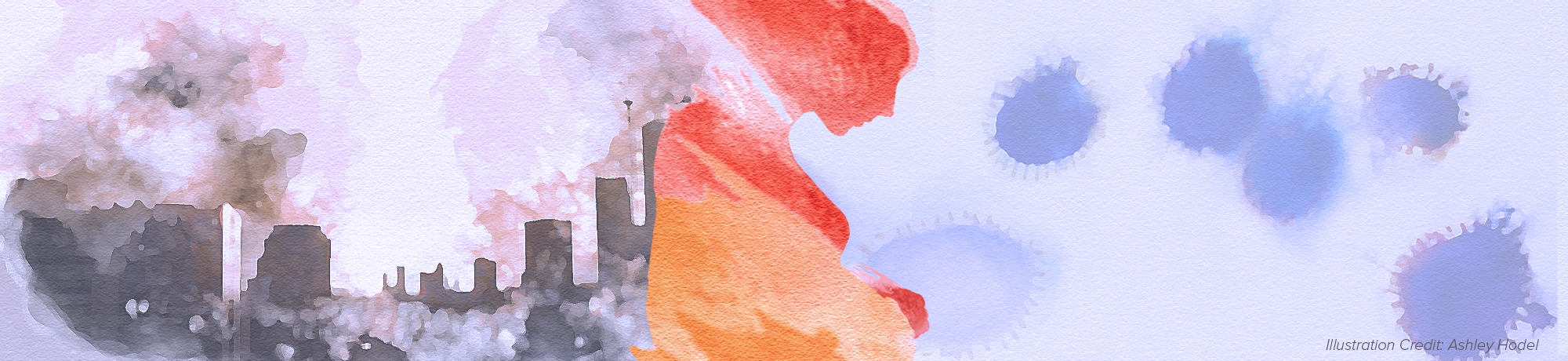Pregnant woman with cityscape and pollution on the left and viral particles on the right