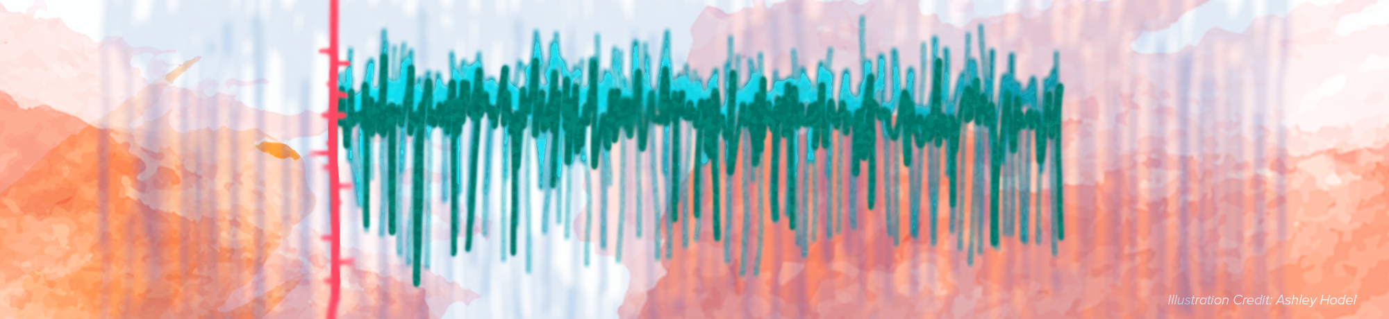 Artistic depiction of seizure activity on EEG over watercolor brush strokes